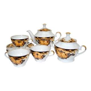 Napoleon III-Style Porcelain Tea Set With Gilded Roses From Peterhof Palace-9 Pieces For Sale