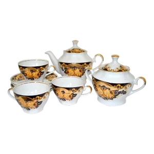 Napoleon III-Style Porcelain Tea Set With Gilded Roses From Peterhof Palace-9 Pieces