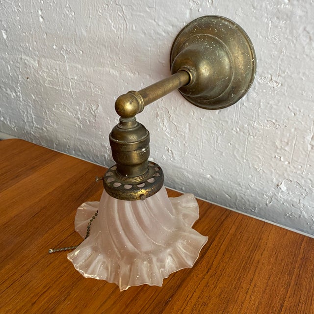 Antique Industrial Brass Wall Sconce With Frosted Ruffle Shade For Sale - Image 4 of 11