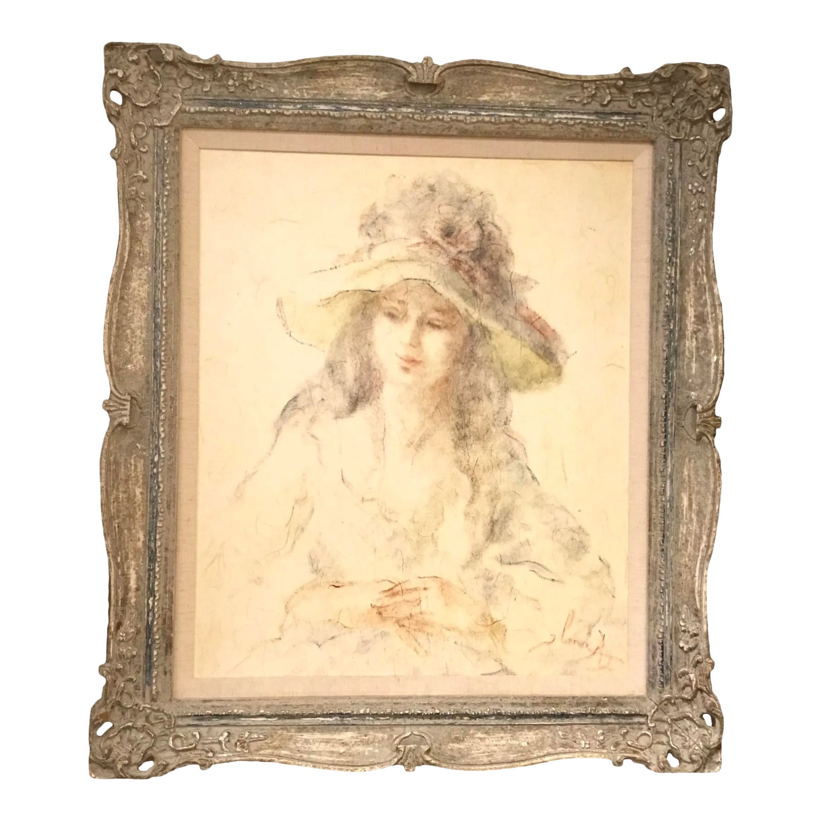 1960’s Signed Vintage Lady in a Hat Custom Framed Painting | Chairish