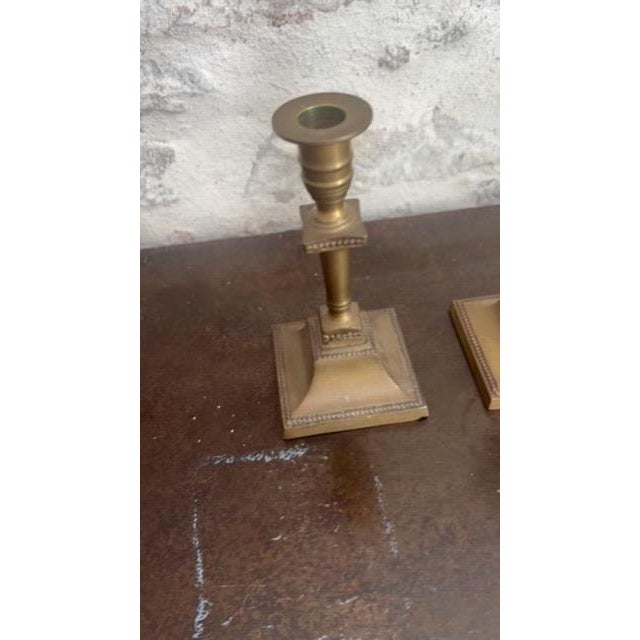 Mid 19th Century Pair of Antique Brass Victorian Candlesticks, Beaded Square Base For Sale - Image 5 of 10