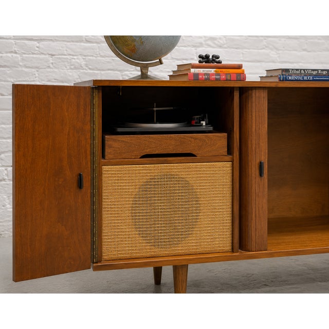 Extra Long Mid Century Modern Tambour Door Garrard Cabinet | Walnut Credenza Sideboard, C. 1960’s For Sale - Image 13 of 13