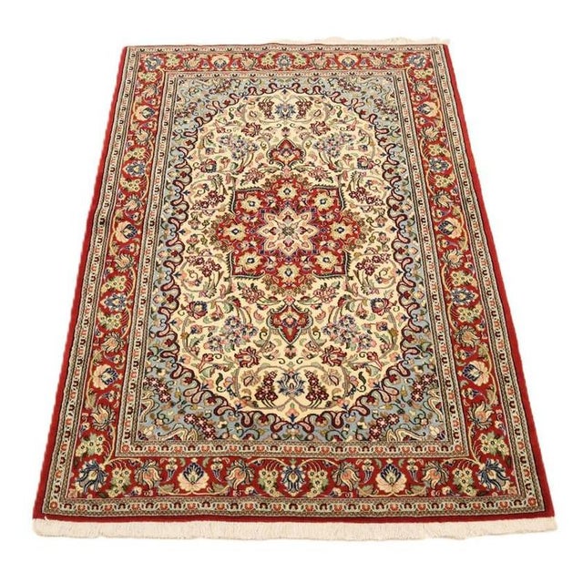 Hand-knotted Qom rug | Knot density: approx. 340.000/m² | Material: Wool/Cotton | Size: 202 x 130 cm | Color: White/Beige...