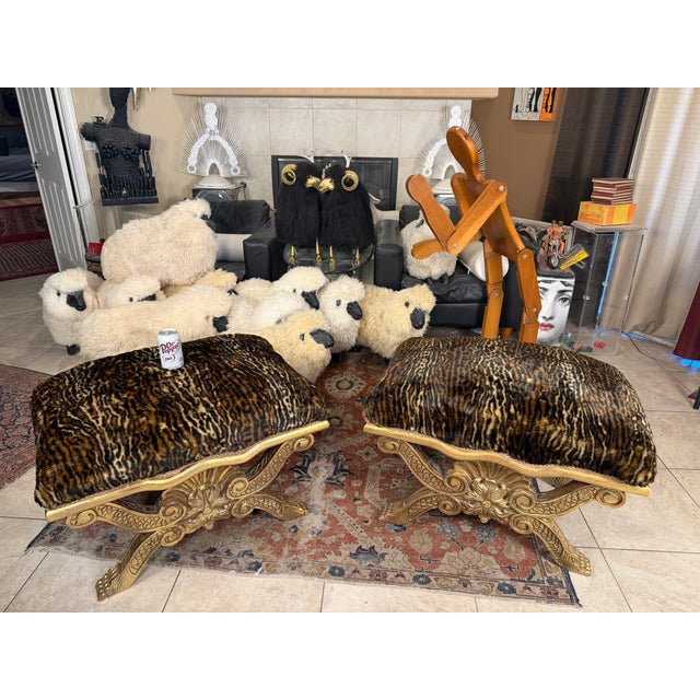 Emerson 1990s Pair of Neoclassical-Style Faux Leopard Covered Gilt-Wood Benches, 2 Pieces For Sale - Image 4 of 11