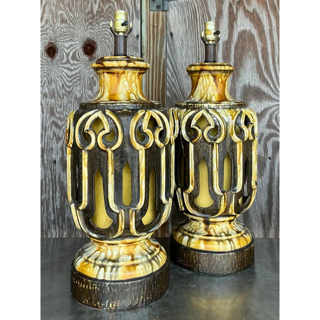 Coffee Mid 20th Century Vintage Mid-Century Modern Glazed Ceramic Lamps - a Pair For Sale - Image 8 of 8