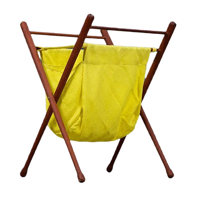 Mid-Century Foldable Teak Magazine Rack with Drumstick Legs For Sale