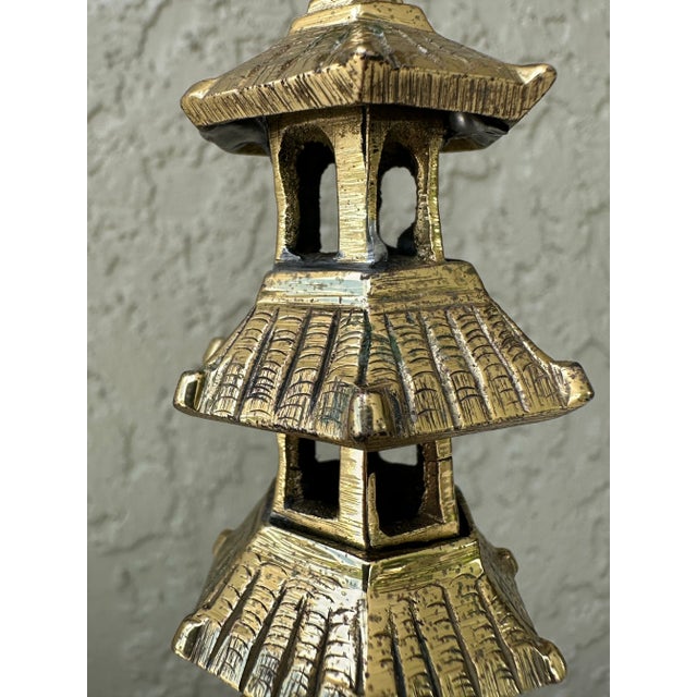 Vintage Chinese Brass Pagoda Temple Candlestick With Lotus Flower Bobeche For Sale - Image 9 of 12