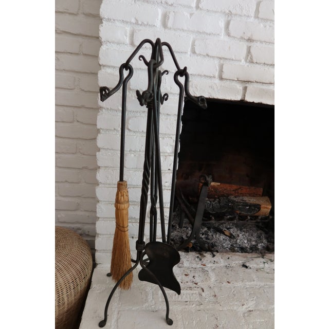 Black Vintage Hand Wrought Iron Ram's Head Fireplace Set For Sale - Image 8 of 8