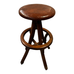 1960s Vintage Nautical Style Leather & Wood Swivel Barstool