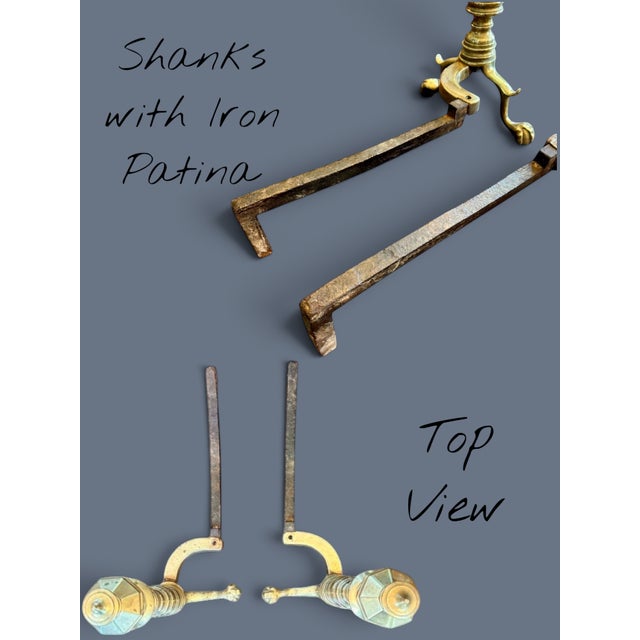 Brass Antique Brass Andirons Pair-Chippendale-Beehive-Claw Foot-Fireplace Dogs-Federal For Sale - Image 8 of 11