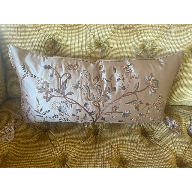 A pair of striking vintage oversized cushions, custom made from European embroidered silk taffeta. Both cushions boast...