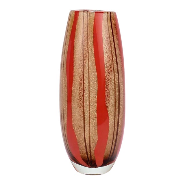Mid-Century Modern Murano Italian Glass Red & Purple Striped Vase For Sale