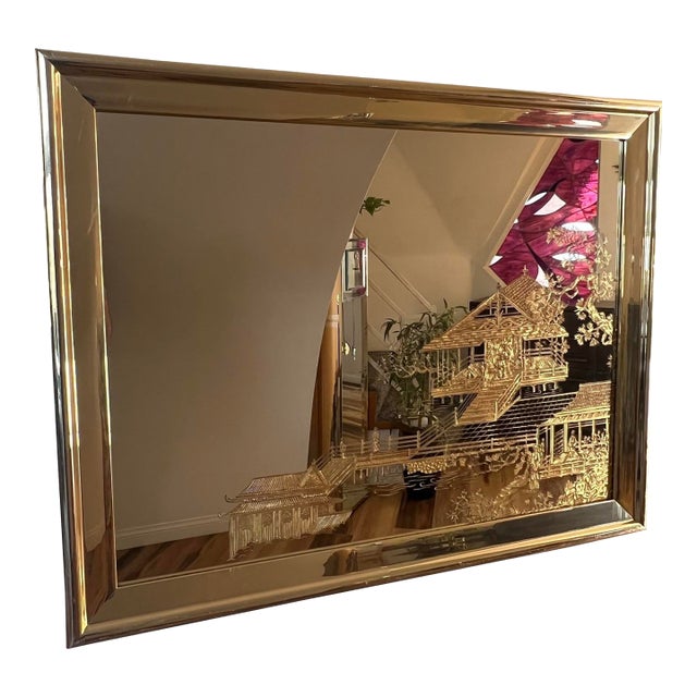 Vintage Mid Century Modern 1980s Hollywood Regency Asian Eglomise Asian Motif Gold Gilding Wall Mirror For Sale