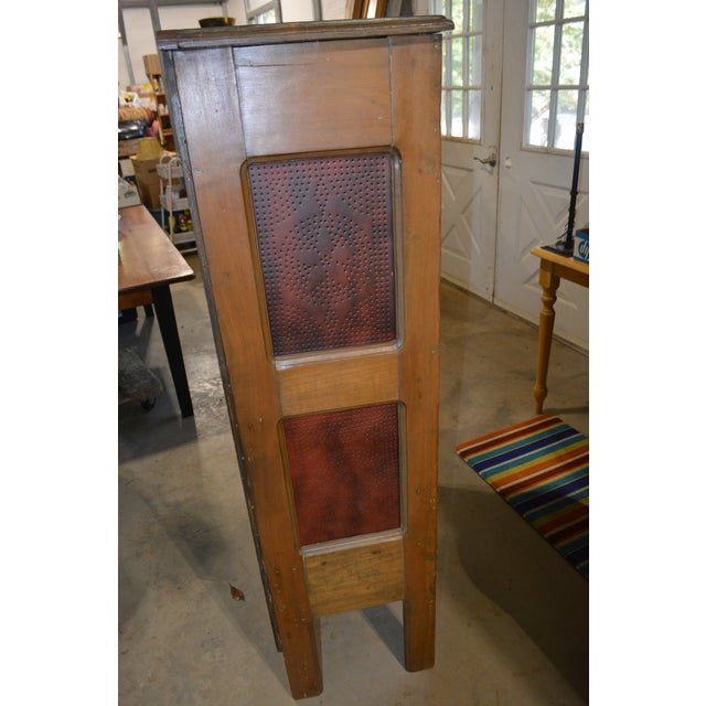 Vintage Wood & Brick Red Punched Tin Pie Safe Cabinet W/ Shelves & Lower Drawer For Sale - Image 4 of 18