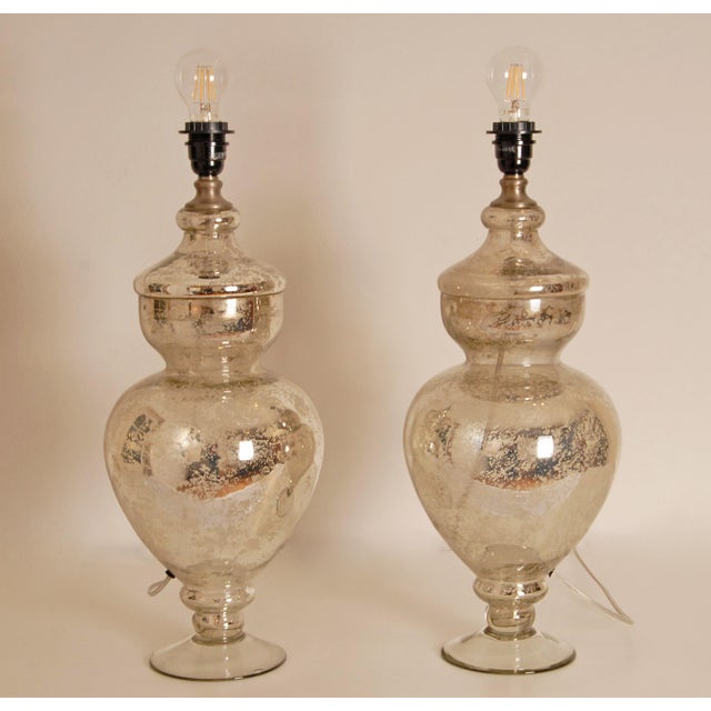 French Country Vintage Silver Table Lamps Glass Baluster Vase Lamps Faux Mercury Modern Lamps - A Pair For Sale - Image 3 of 13
