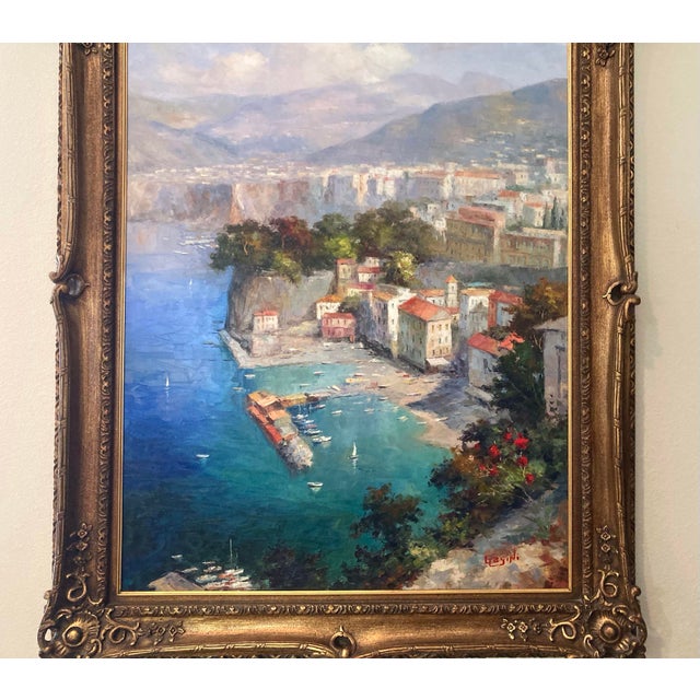 Vintage Signed Framed Oil Painting Italian Seaside Resort Scene on Canvas Signed Gagini For Sale - Image 4 of 8