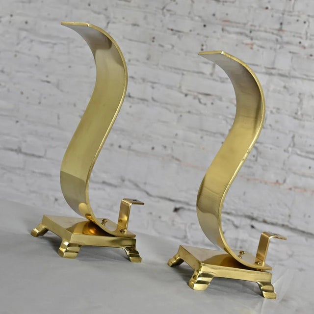 Brass 1960-1970Äôs MCM to Modern Andirons or Firedogs Solid Brass Wave Scroll or S Shaped For Sale - Image 8 of 12
