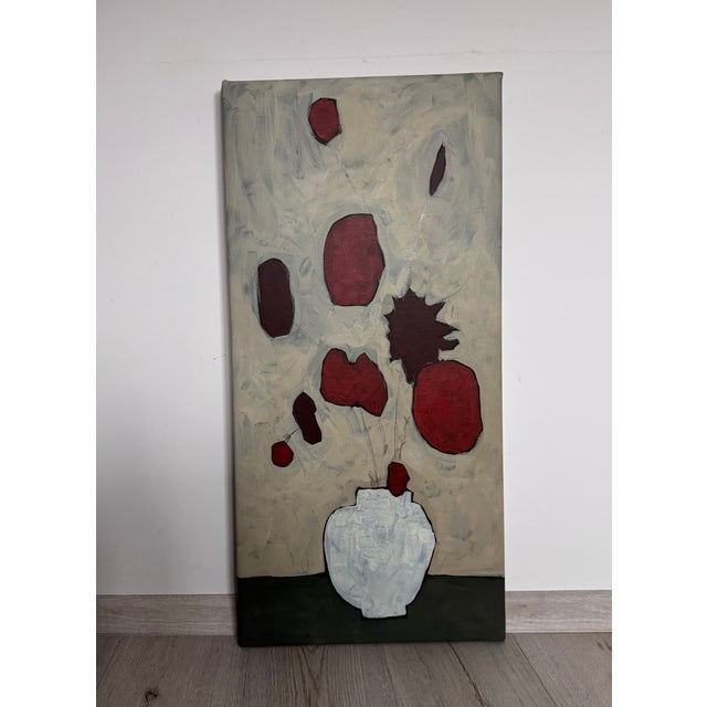 Original acrylic painting featuring abstract red floral shapes arranged in a white vase on a neutral light background. The...