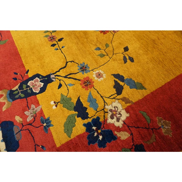 1920s Yellow Minimalist Floral Antique Chinese Art Deco Carpet 9' X 11'6" Handknotted Wool Rug For Sale - Image 9 of 13