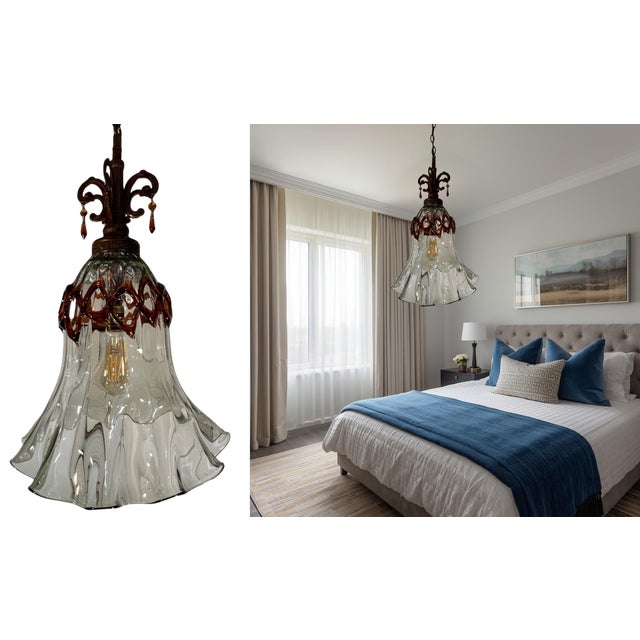 Metal Art Glass Fazzolletto Transparent Amber Lattice Pendant Light For Sale - Image 7 of 17