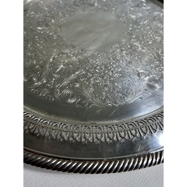 Metal Mid 20th Century Wm Rogers Larger Silver Plate Round Serving Tray For Sale - Image 7 of 18