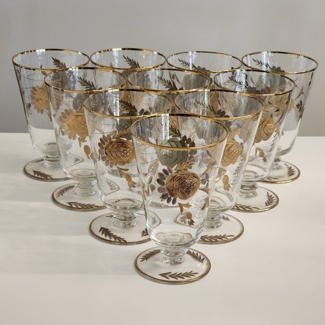 1960s 24k Gold Encrusted Crystal Iced Tea Footed Tumbler Barware Set - Set of 10 For Sale - Image 12 of 14