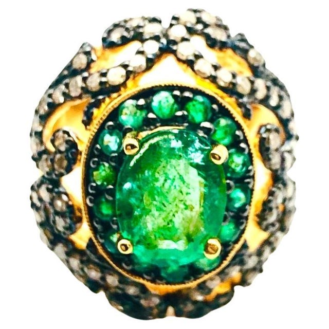 Bochic "Orient" Natural Emerald & Natural Diamond Ring Set In 18K Gold &Silver For Sale - Image 15 of 18