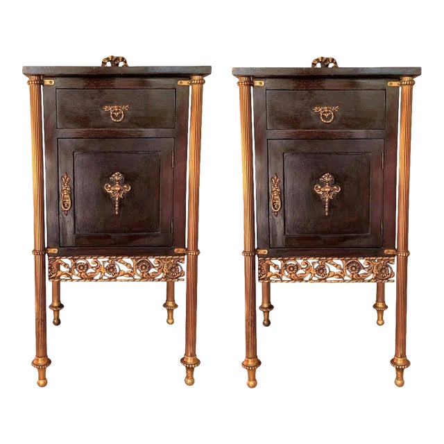 French Ebonized Mahogany Nightstands With Fluted Bronze Columns - a Pair For Sale