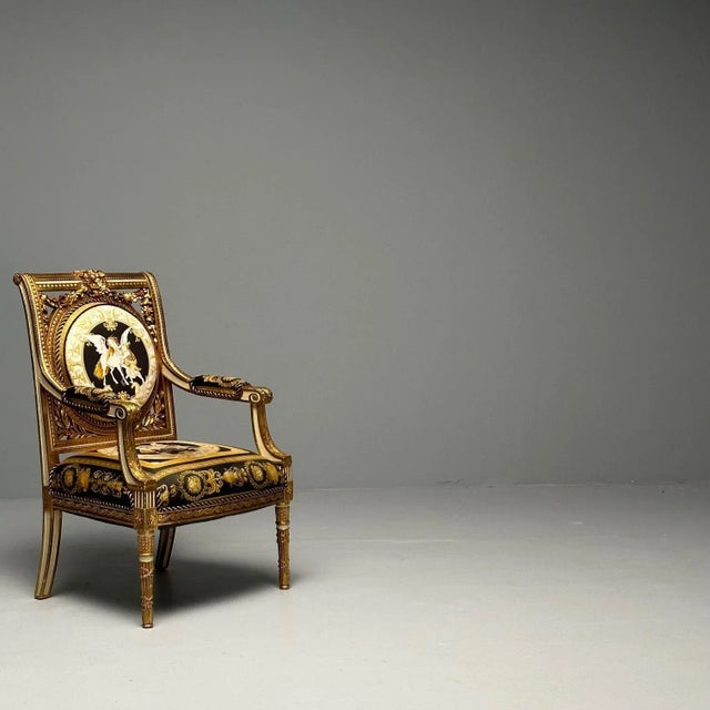 French Louis Xvi, French Arm Chair, Versace Fabric, Giltwood, France, 1960s For Sale - Image 3 of 12