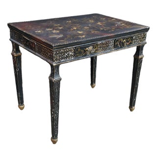 Vintage Chinoiserie Black Lacquered Floral Bird Writing Desk Library Table 35" For Sale