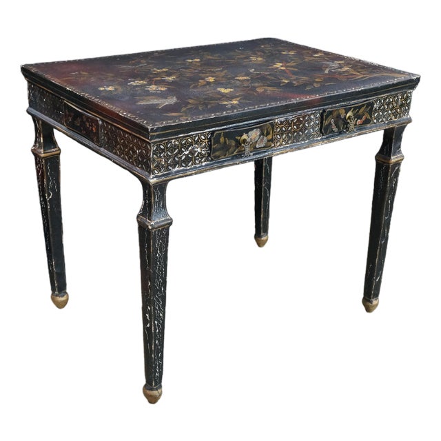 Vintage Chinoiserie Black Lacquered Floral Bird Writing Desk Library Table 35" For Sale