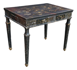 Vintage Chinoiserie Black Lacquered Floral Bird Writing Desk Library Table 35"