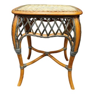 Wicker Rattan Side Table With Woven Top For Sale