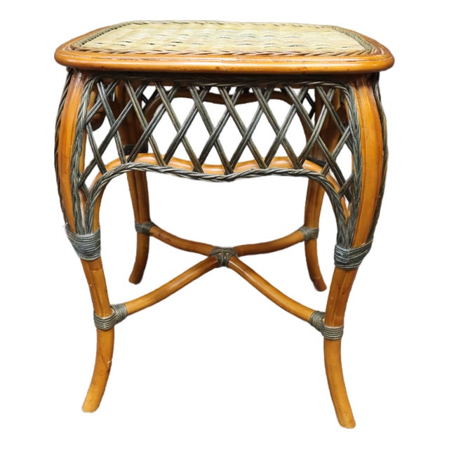 Wicker Rattan Side Table With Woven Top For Sale