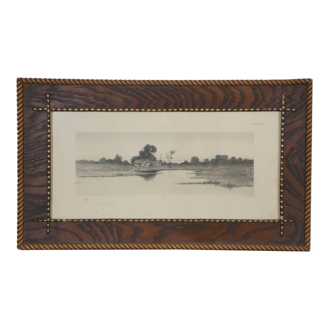 Late 19th Century Antique Alfred J Haller Country Landscape Thatched Cottage Lake Etching 24", Framed For Sale