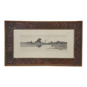 Late 19th Century Antique Alfred J Haller Country Landscape Thatched Cottage Lake Etching 24", Framed