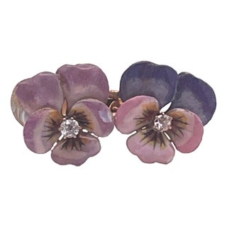 Antique 14k Yellow Gold Double Pansy Brooch With Diamonds, Circa 1960s, Size 6.25 For Sale