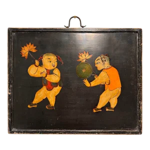 Antique Chinese Oil Painting on Black Lacquered Board