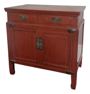 Late Qing Dynasty Red Lacquer Elmwood Accent Cabinet - Distressed Finish