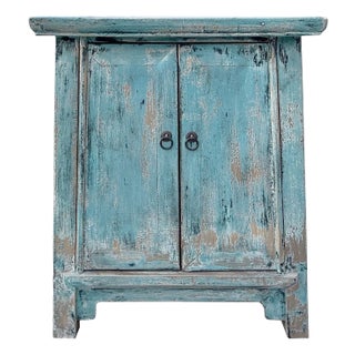 Distressed Pastel Blue Stone Top Doors Flared Legs End Table Nightstan For Sale