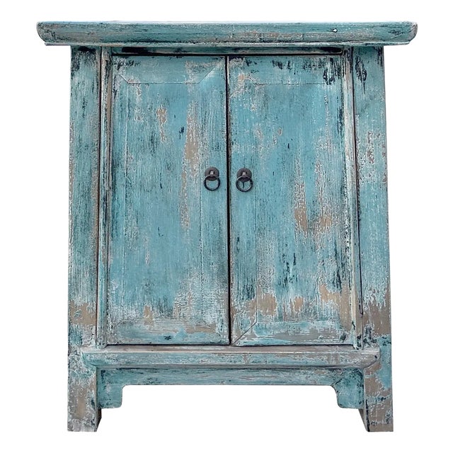 Distressed Pastel Blue Stone Top Doors Flared Legs End Table Nightstan For Sale
