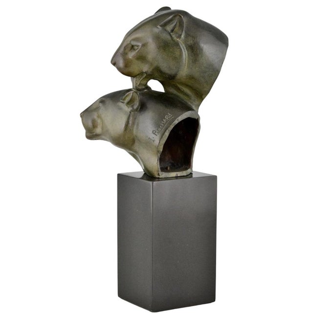 Black Irenee Rochard, Art Deco Sculpture with Two Panther Heads, 1930, Bronze & Marble For Sale - Image 8 of 13