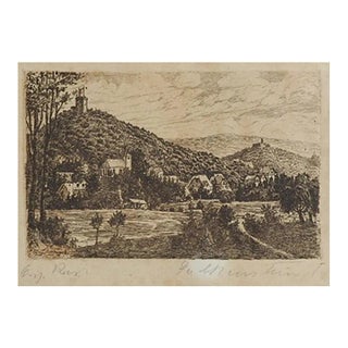 Small Early 20th Century Continental River and Castle Etching For Sale