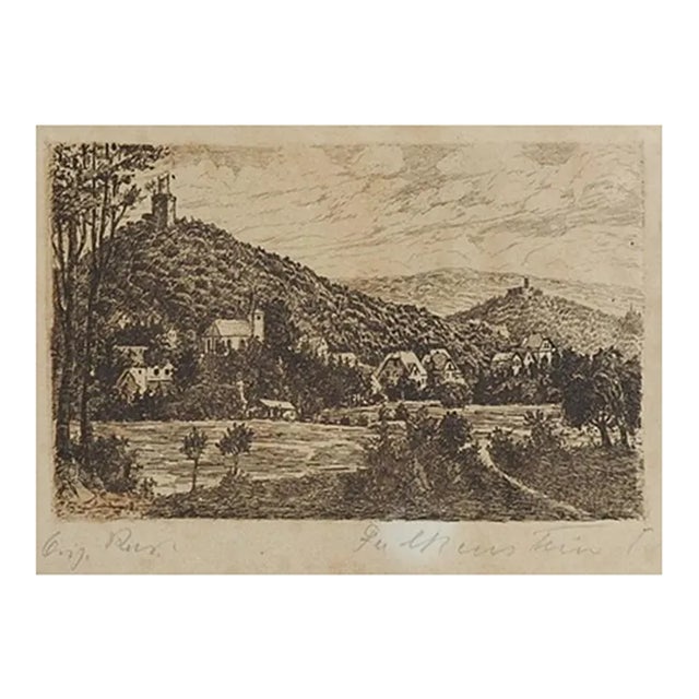 Small Early 20th Century Continental River and Castle Etching For Sale
