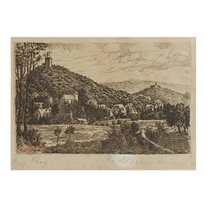 Small Early 20th Century Continental River and Castle Etching