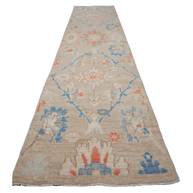 21st Century Turkish Oushak 3X12 Beige, Slate Blue, Ivory & Orange Handmade Runner Rug #1144198