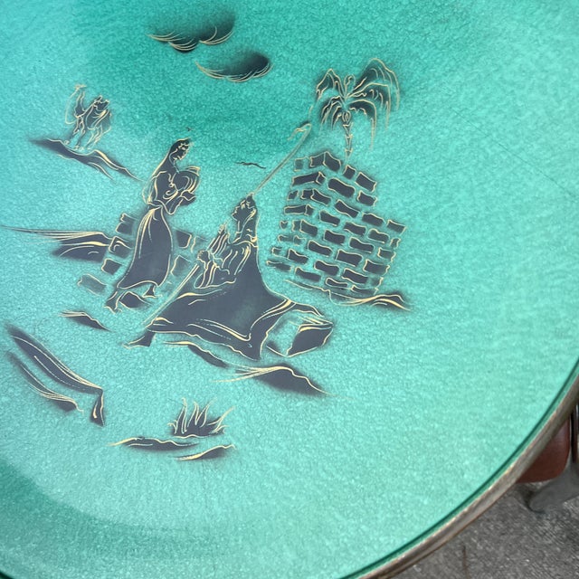 Asian Large Vintage Asian Teal Hand Painted Decorative Tray For Sale - Image 3 of 10