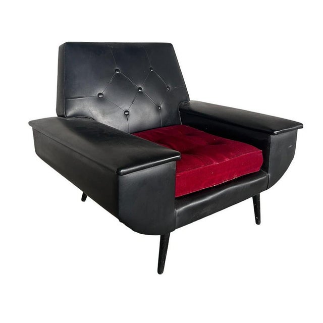 Contemporary Mid-Century Modern Black Vinyl Chair with Red Seat Cushion, 1950s For Sale - Image 3 of 7