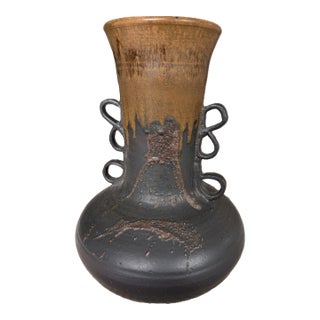 Oversized 17" Vintage Japanese Studio Pottery Floor Vase - Flawless Kuro-Tanba Ware, Six Ancient Kilns, Loop Handles, Wabi-Sabi Decor For Sale