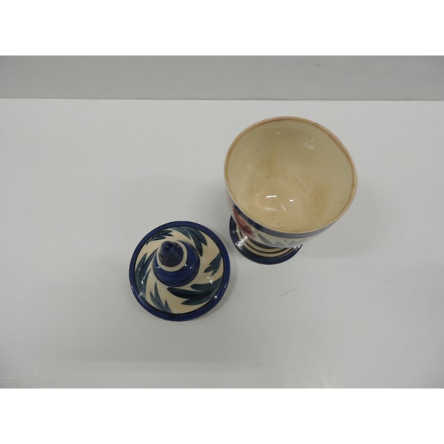 English Petite Antique Blue & Orange Ceramic Hand-Painted Cover Jar For Sale - Image 3 of 5